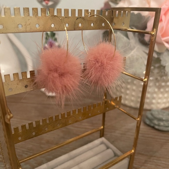 Gold Hoops with Pink Pom - Picture 2 of 4